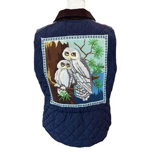 Lesal Upcycled Quilted Vest Navy Blue Vintage Needlepoint Owl Bee Beaded M L